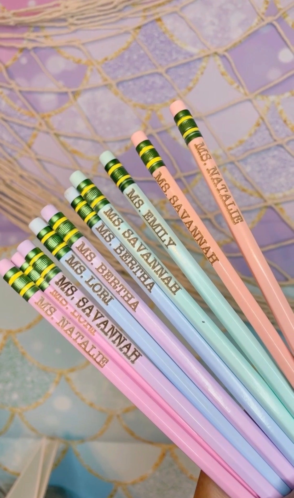 Pastel engraved teacher pencils
