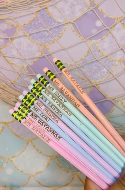 Pastel engraved teacher pencils